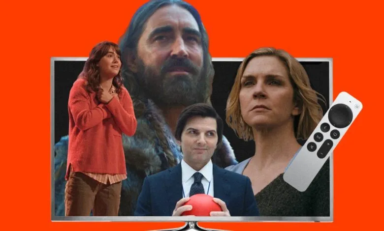 Apple TV screen showing cast members from 'Severance' and 'See' with remote.