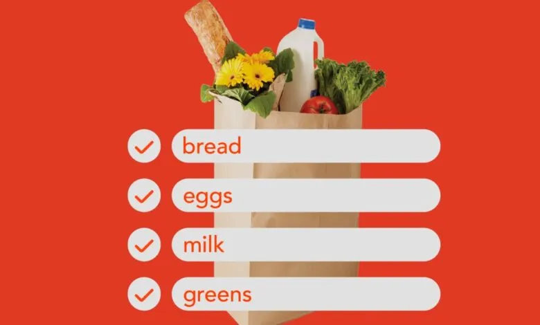 A grocery bag filled with food items next to a checklist of bread, eggs, milk, and greens.
