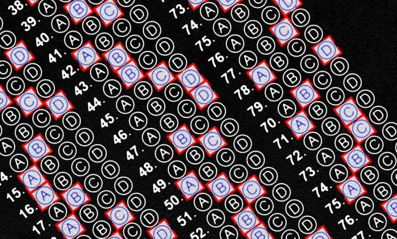Close-up of a filled-in multiple-choice test answer sheet with some answers highlighted.