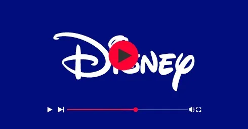Disney logo with a play button and video player controls on a blue background.