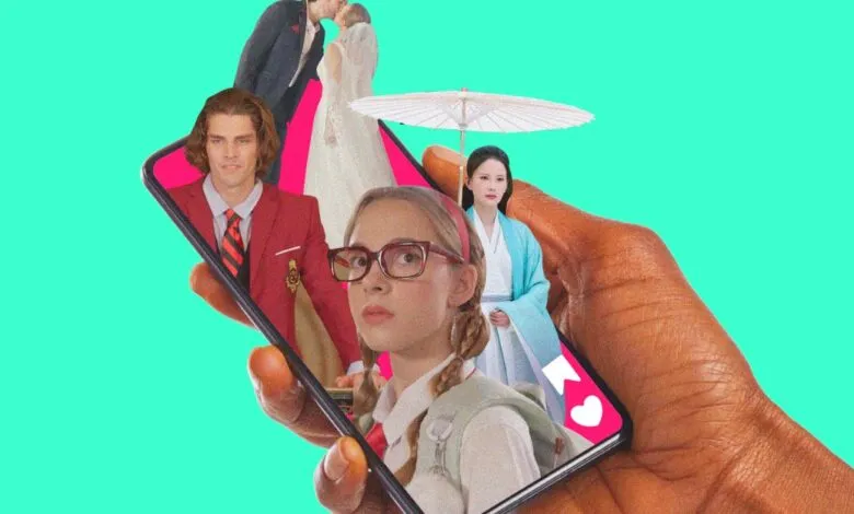Collage of diverse characters and scenes displayed on a smartphone screen held by a hand.