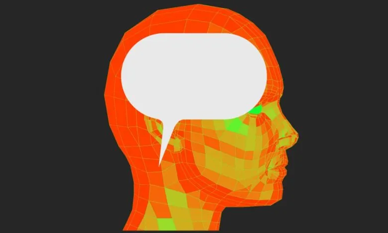 Orange wireframe head profile with a white speech bubble.