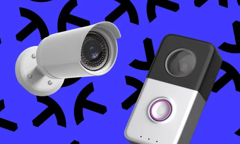 A white security camera and a smart doorbell on a blue background with black arrow shapes.