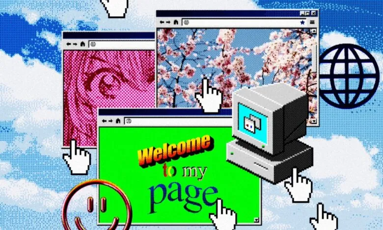 Retro computer screen with windows, cursor, and 'Welcome to my page' text.