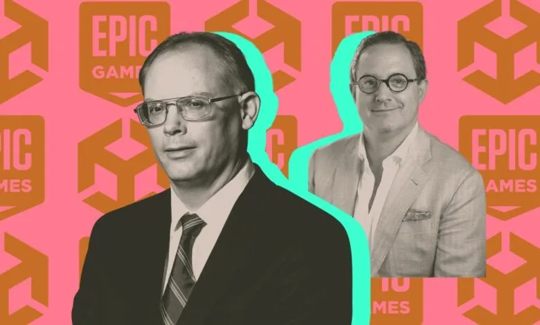 Two portraits of Tim Sweeney, CEO of Epic Games, against a pink background with Epic Games logos.