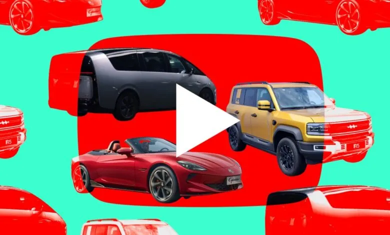 Collage of Chinese EVs with a play button overlay, promoting a video.