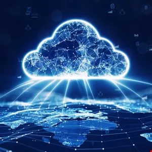 Digital cloud icon with glowing network connections over a stylized Earth.