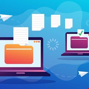 Illustration of data transfer between two laptops with folders and documents.