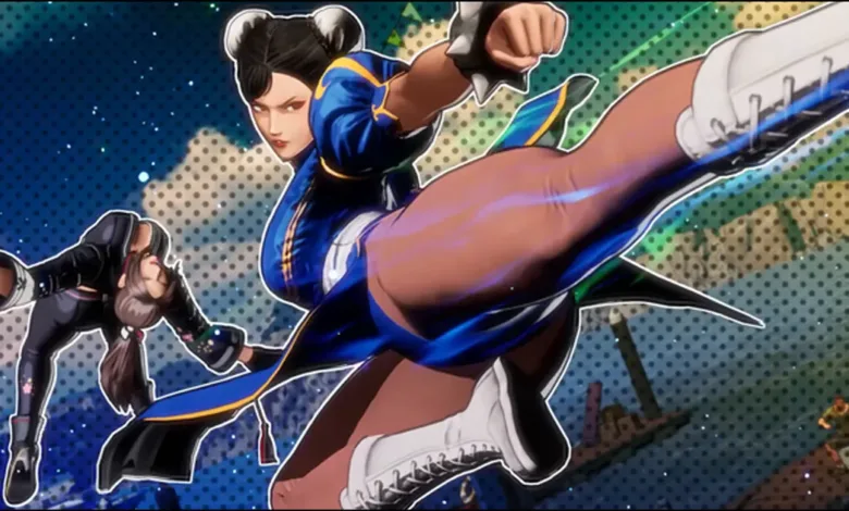 Chun-Li performs a powerful kick in a fighting game, with another character falling in the background.
