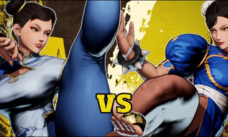 Two versions of Chun-Li from Street Fighter in a fighting stance, one in white and one in blue.