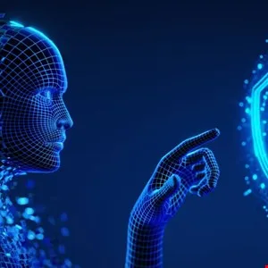 Wireframe of a human head and hand interacting with a digital shield icon.