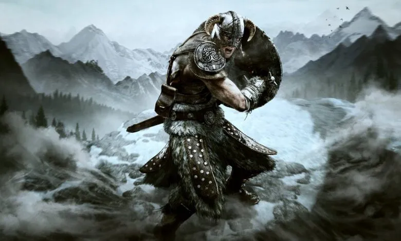 A fierce Viking warrior in horned helmet and fur armor charges forward with sword and shield.