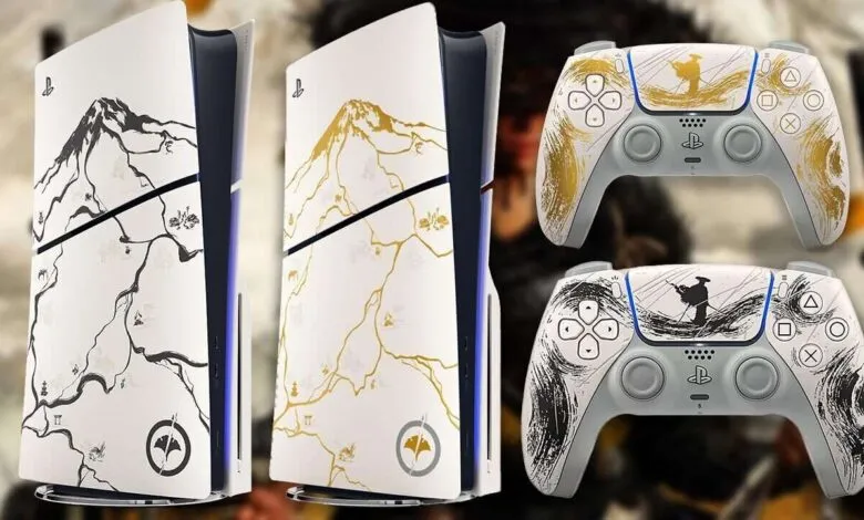 PlayStation 5 console and DualSense controllers with Japanese-inspired mountain and samurai artwork.