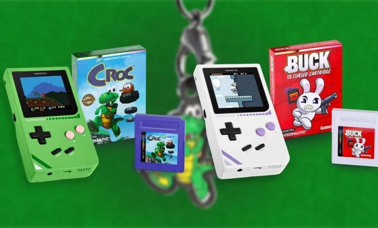 Retro handheld gaming consoles and game cartridges displayed on a green background.