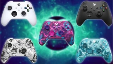 Five Xbox controllers with unique designs displayed against a vibrant, abstract background.