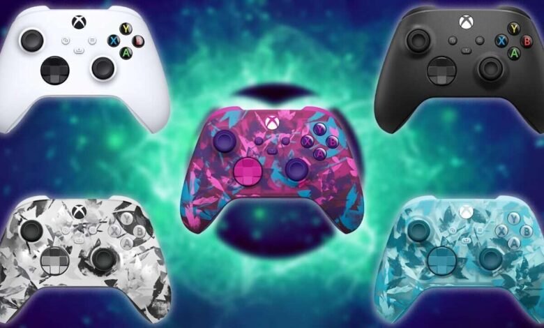 Five Xbox controllers with unique designs displayed against a vibrant, abstract background.