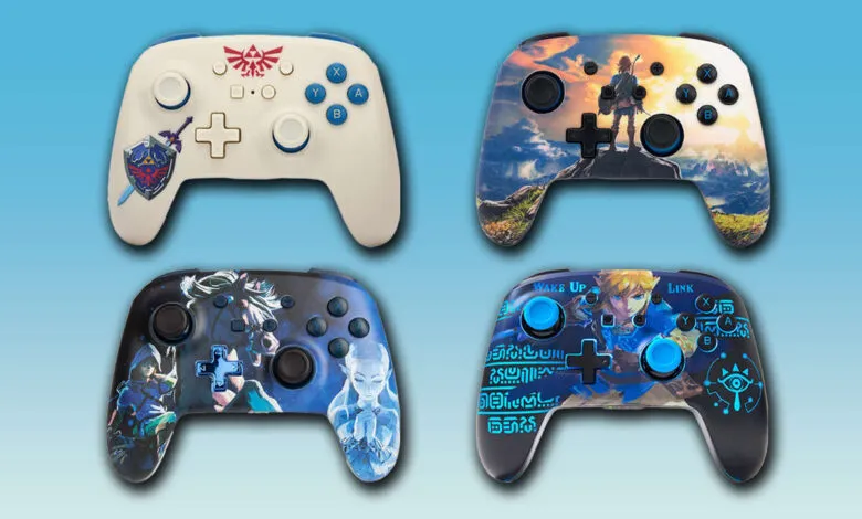 Four custom Nintendo Switch controllers featuring designs from The Legend of Zelda: Breath of the Wild.