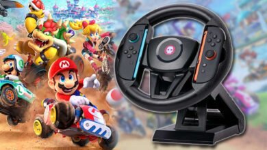 Nintendo Switch racing wheel with Mario Kart characters in the background.