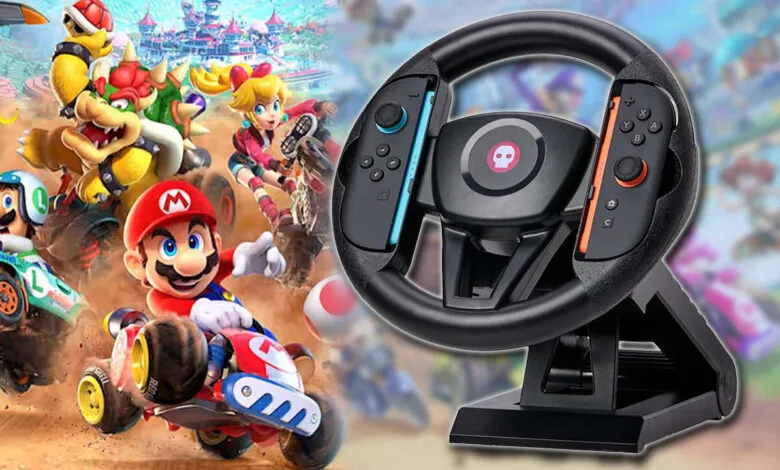 Nintendo Switch racing wheel with Mario Kart characters in the background.