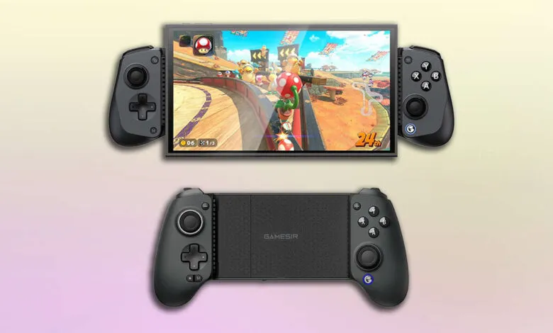 GameSir controller grips attached to a Nintendo Switch playing Mario Kart 8 Deluxe.