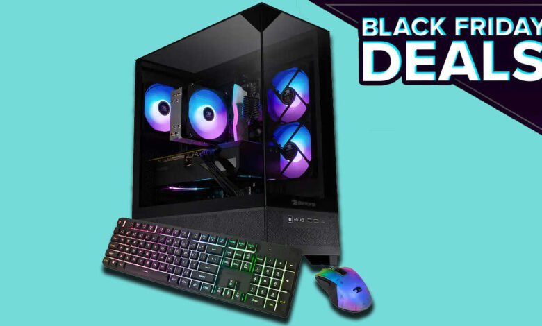 Gaming PC with RGB lighting, keyboard, and mouse on a teal background with Black Friday Deals text.