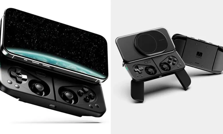 Black mobile gaming controller attached to a smartphone displaying a starry sky and Earth.