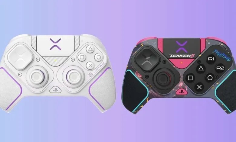 Two gaming controllers, one white with purple accents and one black with Tekken 8 graphics.