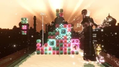 A 3D puzzle game with glowing blocks and an Indian cityscape silhouette.