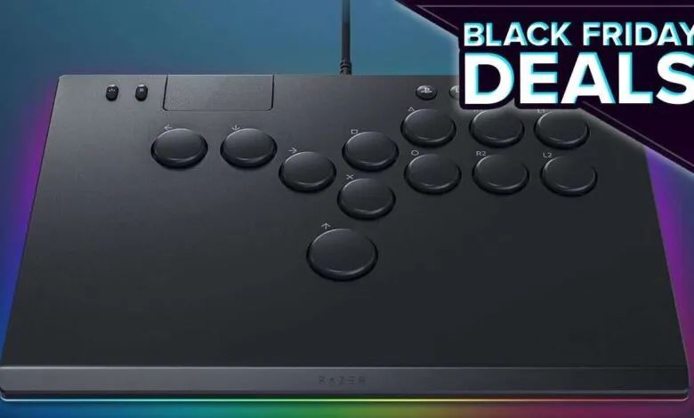 Black Razer Kitsune gaming controller with colorful LED lighting and Black Friday Deals graphic.