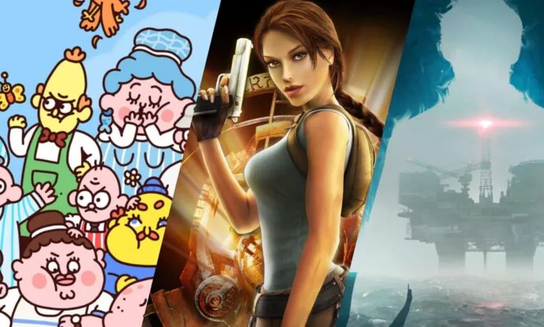 Collage of cartoon characters, Lara Croft, and an oil rig in the ocean.