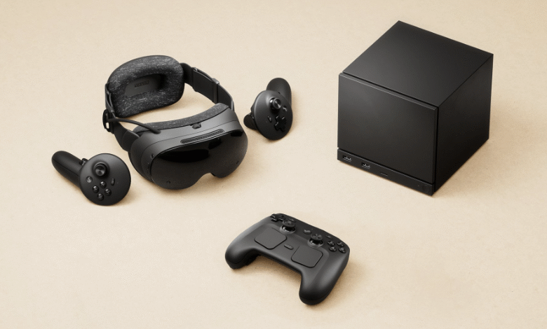 Black virtual reality headset, controllers, and console on a beige background.