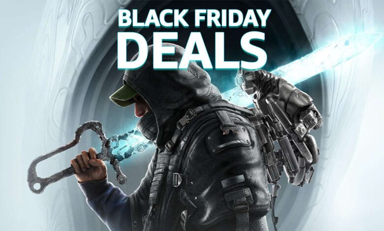 A character in tactical gear holds a glowing blue sword and a futuristic weapon.