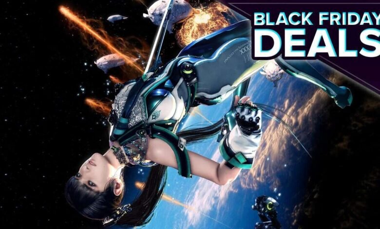 Futuristic female warrior in space with Black Friday Deals text overlay.