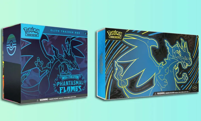 Two Pokemon Elite Trainer Boxes featuring Mega Charizard artwork in blue and yellow.