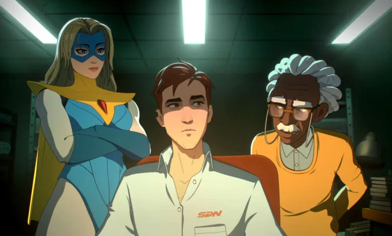 Animated characters: a superhero woman, a young man, and an elderly man with glasses.