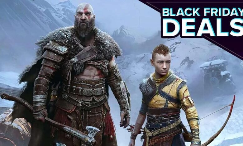 Kratos and Atreus from God of War Ragnarok with Black Friday Deals text overlay.