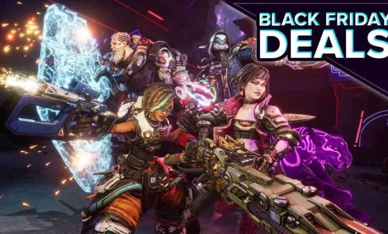 Four characters from Borderlands 3 with guns and a purple panther, promoting Black Friday deals.