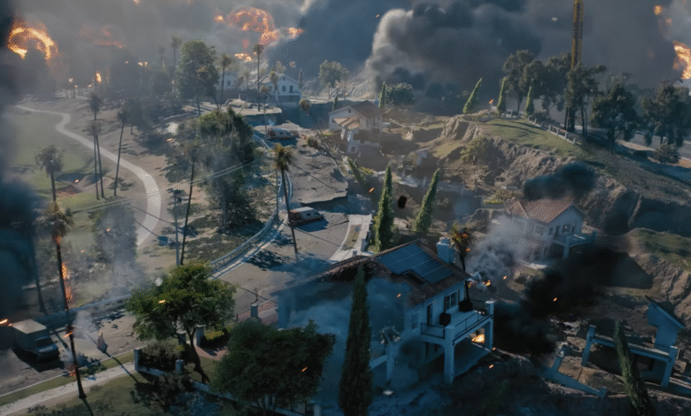 Aerial view of a suburban neighborhood devastated by an earthquake and fires.