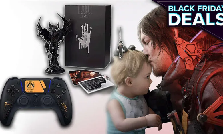 Death Stranding 2 collector's edition items including a controller, statue, and box.