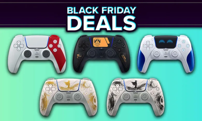 Five custom PlayStation 5 DualSense controllers on a Black Friday sale background.