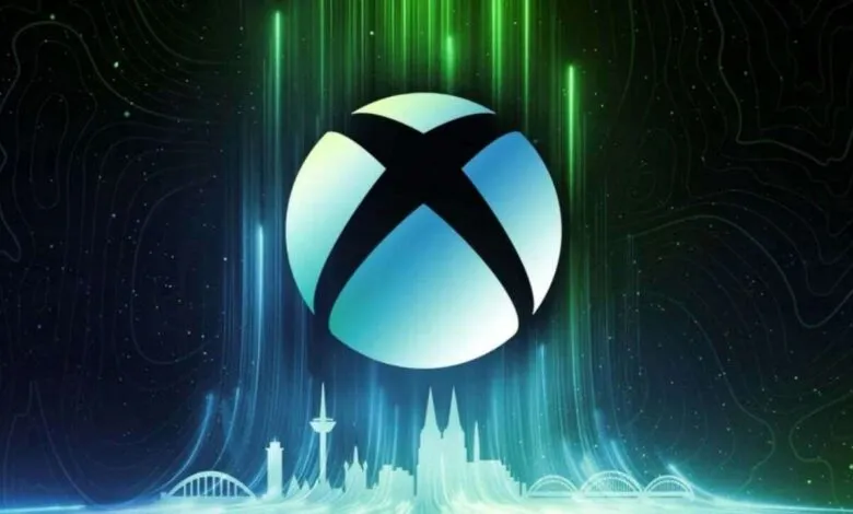 Xbox logo over a city skyline with green and blue light streaks.