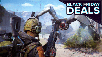 Character in military gear faces a robotic enemy, Black Friday Deals overlay.