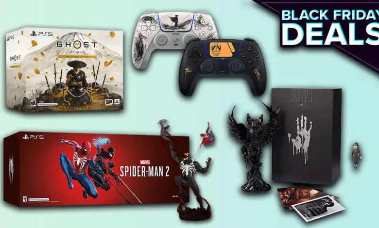 Black Friday deals featuring Ghost of Tsushima, Spider-Man 2, and Death Stranding 2 collector's editions.