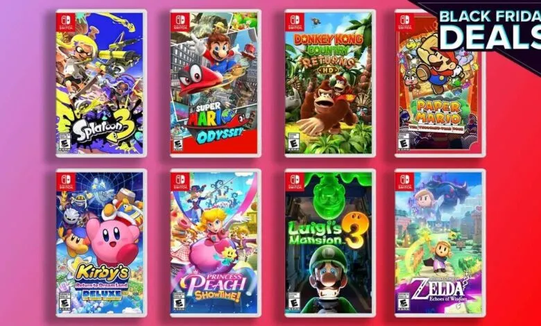 Nintendo Switch game cases for Black Friday deals, including Mario, Zelda, and Kirby.