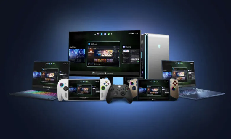 Gaming setup featuring Xbox controllers, laptops, and a desktop PC displaying the Xbox app.