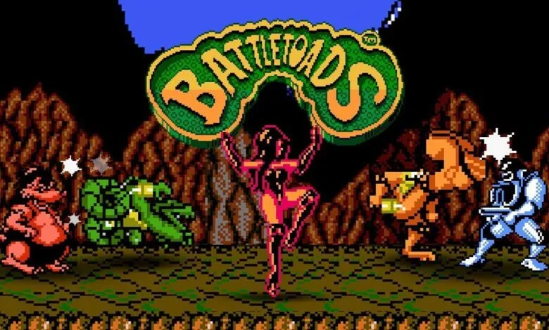 Battletoads game screen with characters and logo in pixelated retro style.
