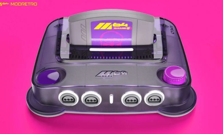 Modified Nintendo 64 console with purple LED lighting and custom cartridge.