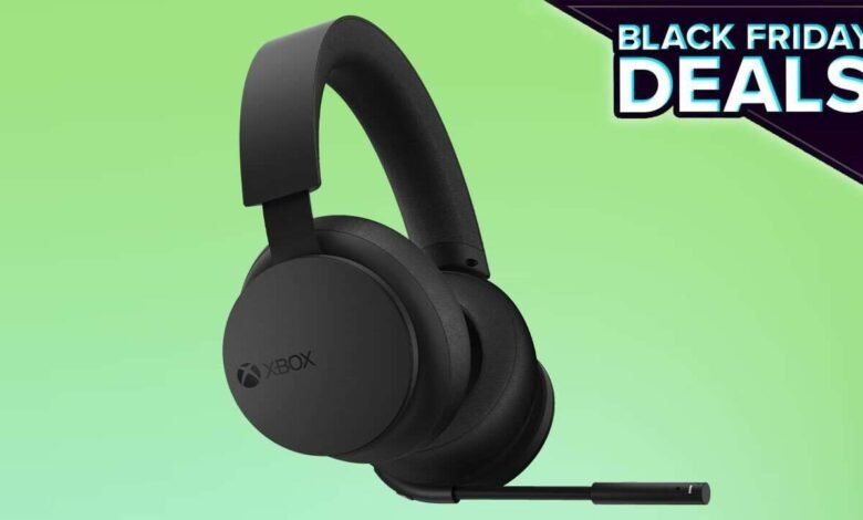Black Xbox wireless headset on light green background with Black Friday Deals graphic.