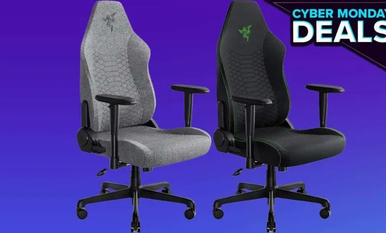 Two Razer gaming chairs, one gray and one black, on a blue background.