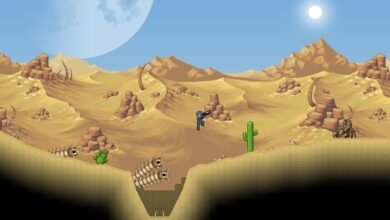 Pixel art character with a gun in a desert landscape with cacti and alien-like creatures.